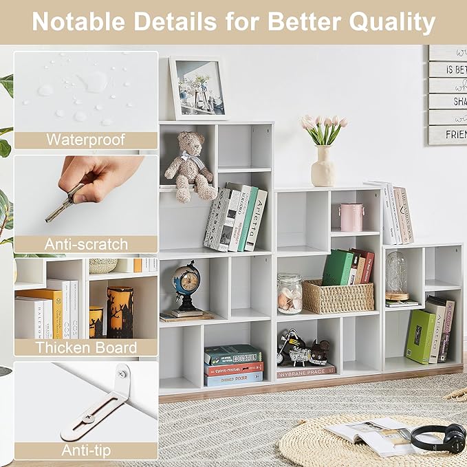 VECELO Wide Bookshelf Set, Fits 9.3" × 10-12.8" Hardcovers, Cube Storage Bookcases, Free-Standing for Living Room, Bedroom, Home Office, 2/3-Tier, 2-Pack, White
