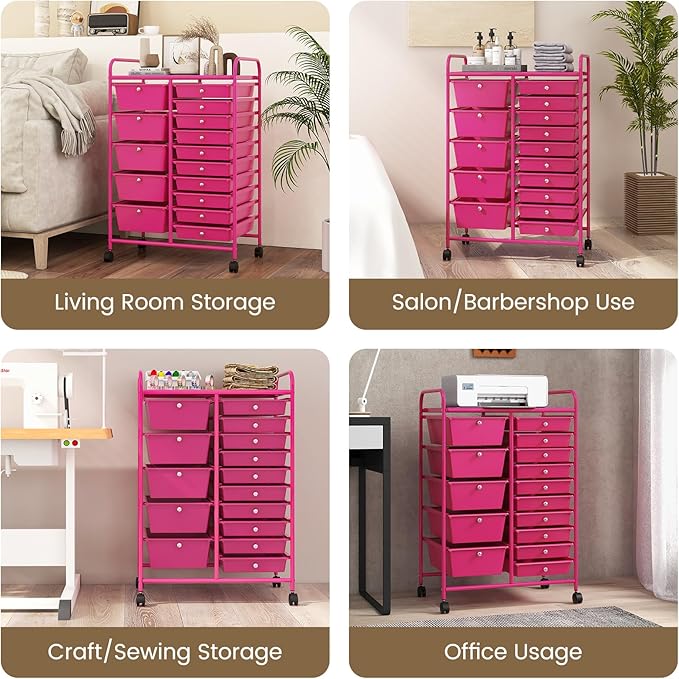 GLACER 15 Drawers Rolling Cart, Storage Cart with w/Removable Drawers & Steel Frame, Multipurpose Organizer Cart w/Sleek Handle, Utility Cart on Lockable Wheels for Home, School, Office (Hot Pink)