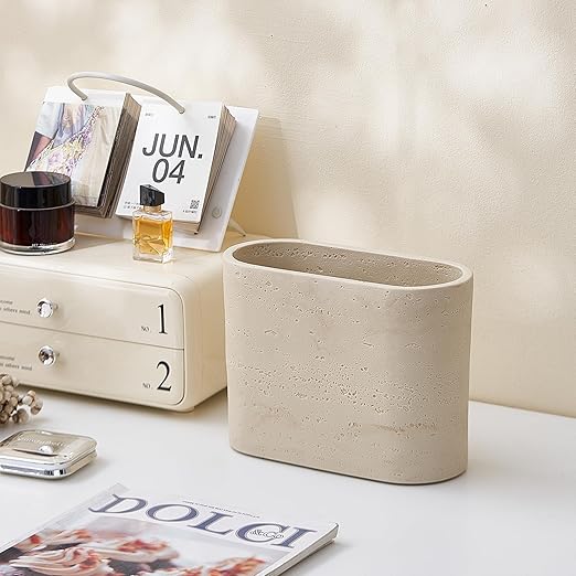 Natural Travertine Textures Mini Trash Can, Small Counter Rectangle Trash Can for Bathroom Kitchen Table Desk, Tiny Waste Basket for Vanity - Silicone Pad Anti Scratch, Non-Slip (Made of Resin)