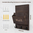 Lucundm Mail and Key Holder - Decorative 9.8" x 12.5" Wall Key Hanger with 2 Mail Organizer Slots and 3 Hooks - Real Paulownia Wood with Keyhole Brackets, Hardware and Instructions (Brown)