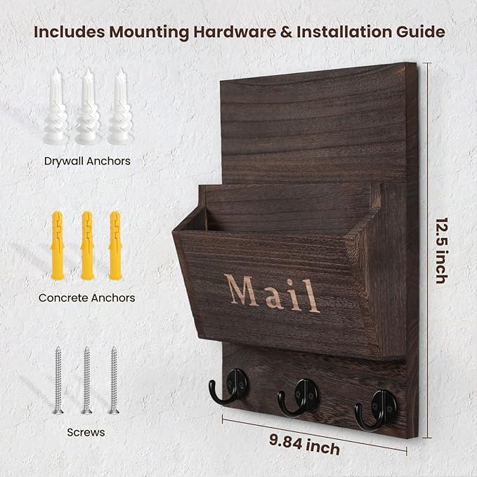 Lucundm Mail and Key Holder - Decorative 9.8" x 12.5" Wall Key Hanger with 2 Mail Organizer Slots and 3 Hooks - Real Paulownia Wood with Keyhole Brackets, Hardware and Instructions (Brown)