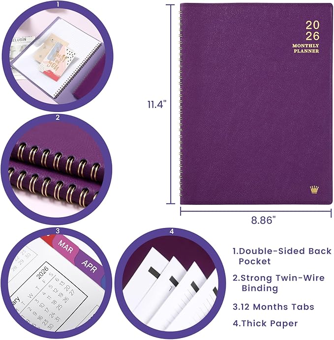 2026 Monthly Planner - Jan. 2026 - Dec. 2026, 12 Months Calendar/Planner 2026 with Faux Leather, 8.86" x 11.4", 15 Notes Pages, Strong Twin - Wire Binding, Pocket, Monthly Tabs, Perfect Organizer