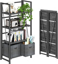 4NM No Assembly Folding Bookshelf Storage Shelves 4 Tiers Vintage Bookcase Standing Racks Study Organizer Home Office (Gray Black)