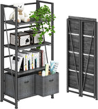 4NM No Assembly Folding Bookshelf Storage Shelves 4 Tiers Vintage Bookcase Standing Racks Study Organizer Home Office (Gray Black)