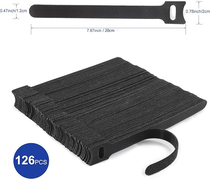 Nettbe Reusable Cable Ties, 126 PCS 8 Inches Adjustable Cord Straps Wire Organizer Cord Wrap and Hook Loop Cable Management