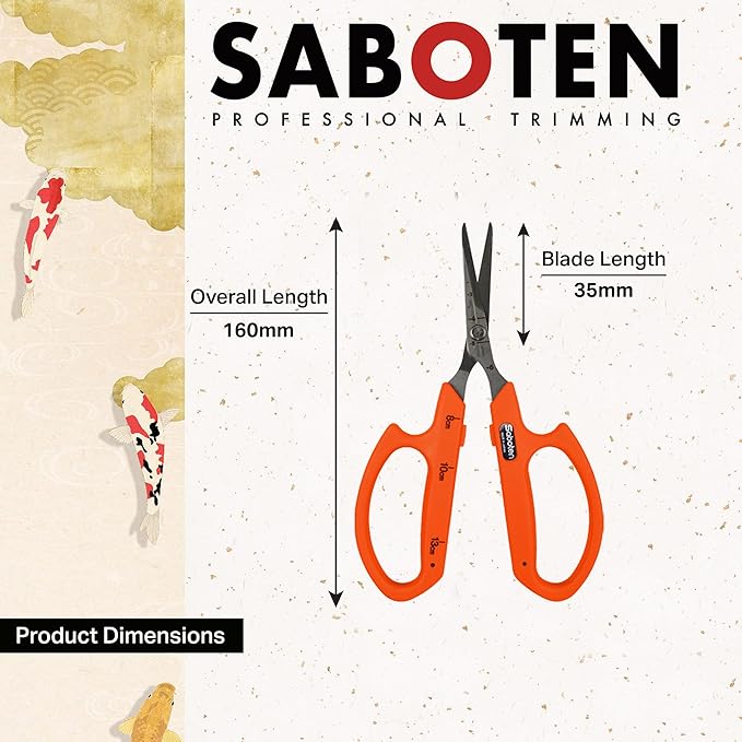 Saboten Stainless Steel Angled Blade Trimming Scissors Orange PT-13 160mm Precision Gardening Bonsai and Floral Shears Made in Japan