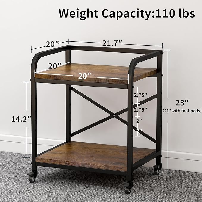 Vokumba 2 Tier Under Desk Printer Stand, Large Printer Table with Height Adjustable Shelf, Rolling Printer Cart with Industrial Wheels for Home Office, Scanner Fax (Rustic Brown)