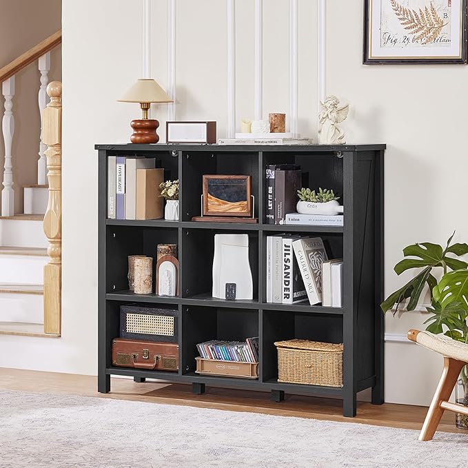 Joaxswe 9 Cube Bookcase, Farmhouse 47 Inch Wide Black Bookshelf, Wooden 3 Tier Display Large Open Book Shelf, Vintage Horizontal Book Case for Home Office, Cubby Storage Cabinet for Living Room
