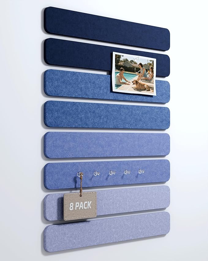 Fluxynara Cork Board Alternative Felt Strip Board 8-Pack 13"x2", Office Pin Board with 50 Push Pins, Adhesive Install for Bedroom Door & Home Office(Denim Mist)