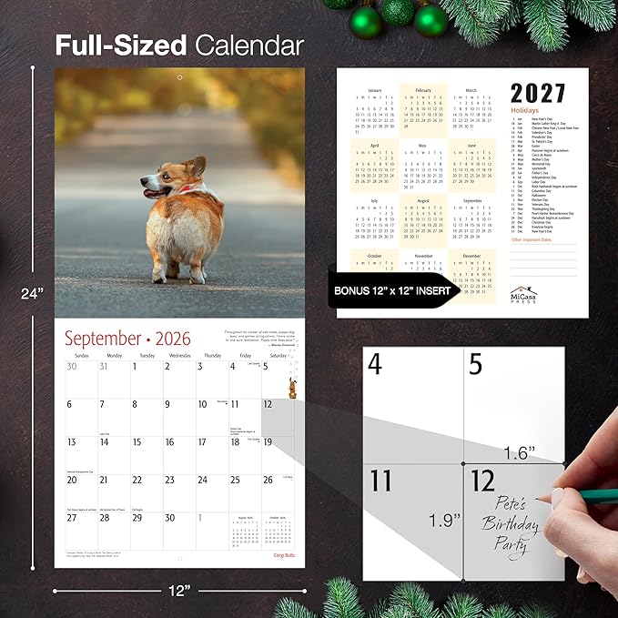 MICASA PRESS Corgi Butts 2026 Wall Calendar 12 Month | 12" x 24" Open | Thick & Sturdy Paper | Holiday Gift | Cute Puppy Funny Dog Calendar 2026