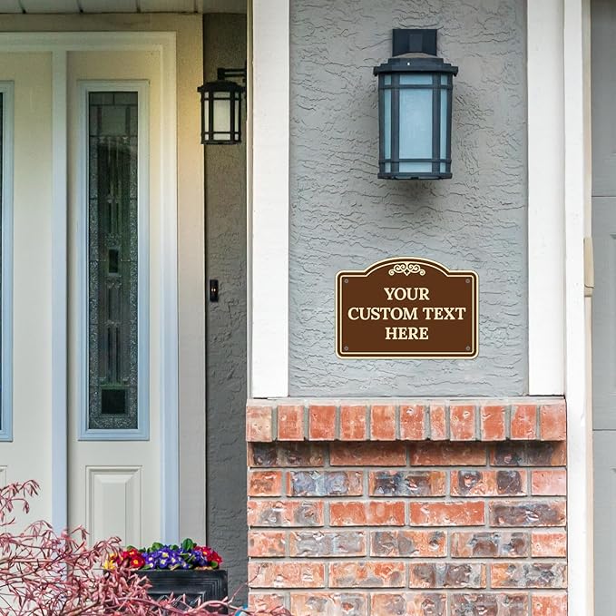 Custom Decorative Sign, Personalized Metal Sign for Business, Driveway, Home, Airbnb, Office Door Plaque, Brown Background Sign, 14x10 Inches, ACM, Fade Resistant, Made in USA by Sigo Signs