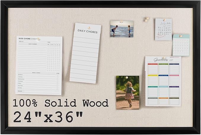Bulletin Board Cork Board with Linen, 100% Wood Framed 24" x 36" Bulletin Board Decorations, Pin Boards for Walls, Wall Mounted Fabric Picture Board with 10 Pushpins for School, Home & Office, Black