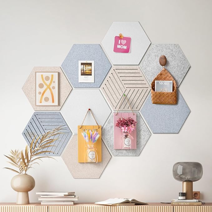 Fwpelt 12'' Medium Hexagon Cork-Bulletin Board Tiles Adhesive 10PCS 12x10 inch Frameless Sticky Corkboard Hex Felt Pin Board for Office-Wall Decor, Removable Hexagonal Tack Pinboard with 30 Pushpins