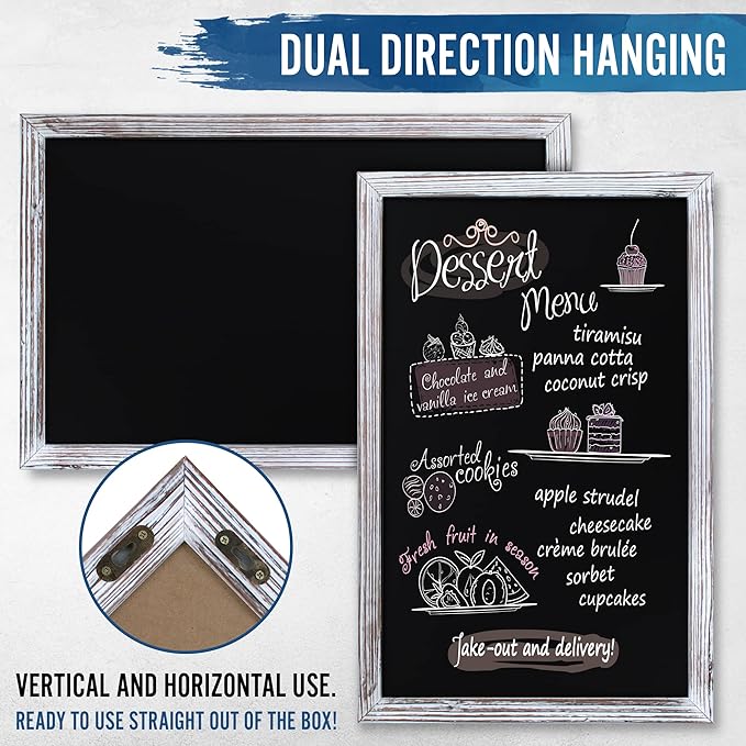 HBCY Creations 11" x 17" Whitewash Solid Wood Frame Wall Chalkboard, Magnetic Surface, Home Décor, Restaurant & Café Menus, Blackboard, Includes Chalk, Eraser & Hanging Hardware