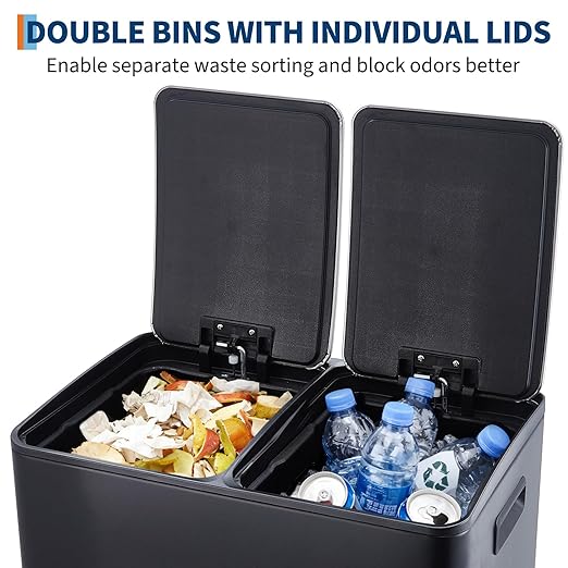 Garvee Dual Trash Can, 16 Gal (2 x 30 l) Stainless Steel Kitchen Garbage Can with Lid and Inner Bucket, Double Compartment Trash and Recycle Bin Combo with Step Pedal for Home Office, Black