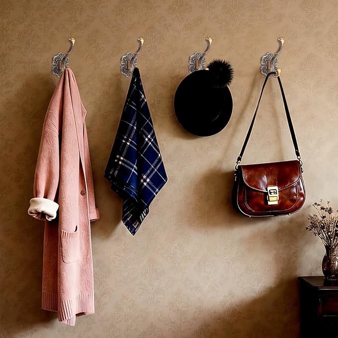 4 Pcs Vintage Coat Hooks Wall Mount, Matte Metal Hat Hooks for Entryway, Cubicle, Mudroom, Bathroom, Heavy Duty Copper Color Decorative Wall Hooks for Towel, Key, Robe, Backpack, Purse, Bag, Clothes