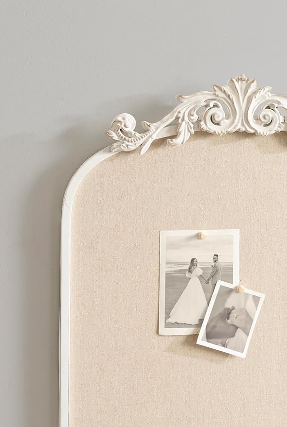 Kate and Laurel Arendahl Decorative Arch Pinboard; 19 x 31; White; Framed Arched Ornate Vintage Cork Board for Use as Motivational Vision Board or Wall Organizer