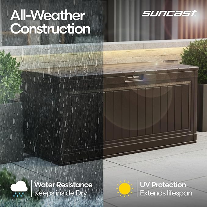 Suncast 80-Gal. Waterproof Resin Large Outdoor Patio Deck Box with Pad-Lockable Lid, Modern Outdoor Patio Bench/Storage Box for Cushions, Garden Tools, and More, Java