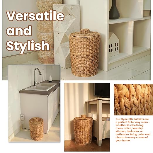 Tidita 4 Gallons Wicker Waste Basket - Water Hyacinth Bathroom Garbage Can with a Lid - Bathroom Trash Can Boho Style - Wicker Trash Can with Lid for Household, Kitchen - Removable Liner, Iron Frame