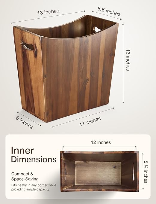 Tidita 3 Gallons Rectangular Wastebaskets - Acacia Wood Waste Basket with Handles - Small Trash Can for Bathroom - Brown Garbage Bin for Spa Bathroom Decorative, Kitchen Counter, Living Room (Walnut)