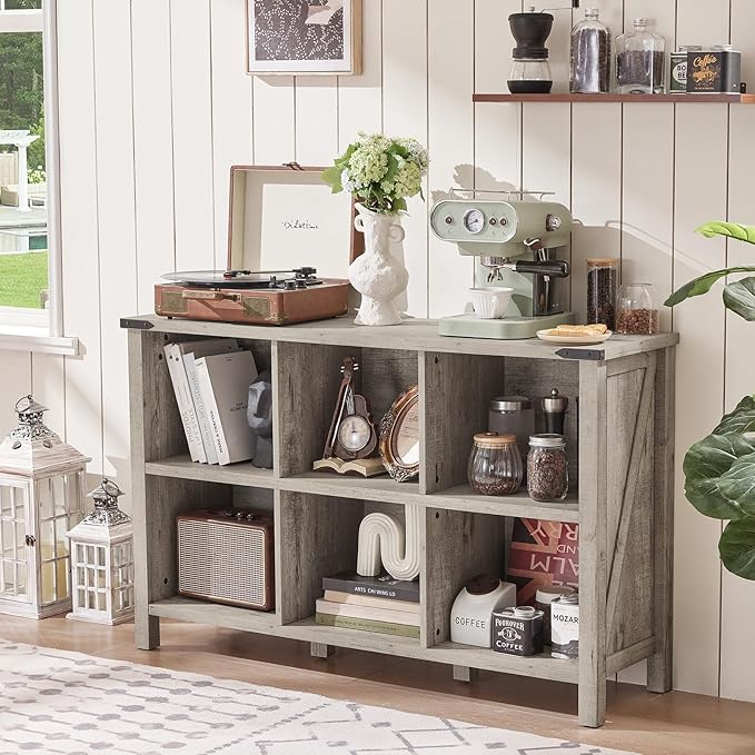 Joaxswe Farmhouse 6 Cube Bookshelf, Rustic Grey Oak Wooden Storage Organizer Book Shelf, 47 Inch Cubby Hallway Bookcase, Kids Toy Storage Cabinet, Modern Open Book Case for Living Room, Hallway