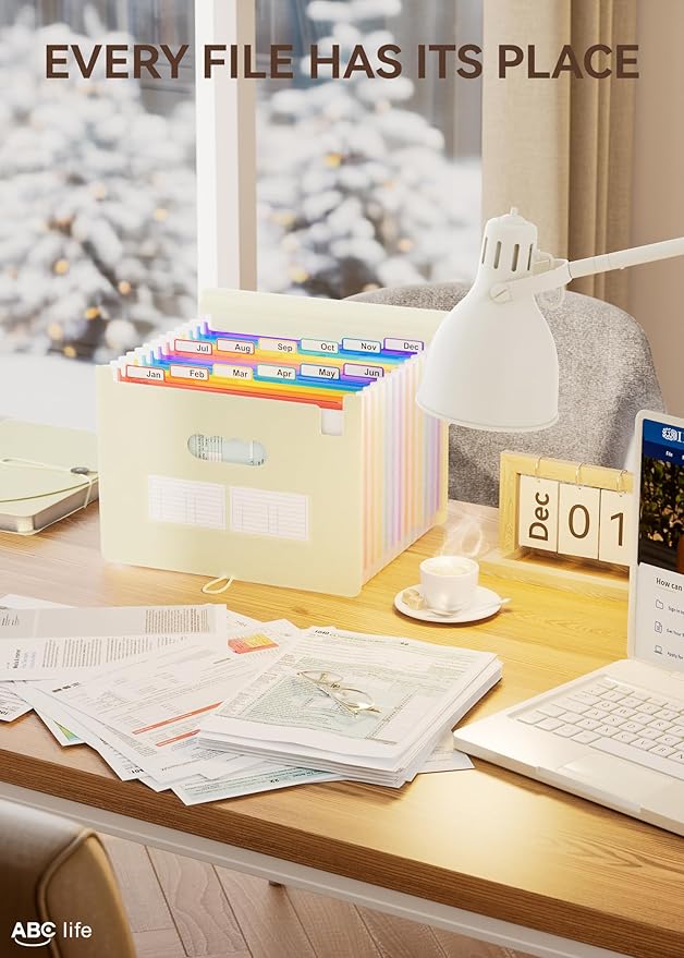 ABC life 12-Pocket Accordion File Organizer, Expandable File Folder with Colorful A-Z Tabs, Portable Bill & Receipt Organizer, Desktop Letter/A4 Paper Document Storage for Home & Office- Beige Color