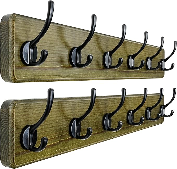 Dseap Coat Rack Wall: 24" Long, Patented, Heavy-Duty, 6-Double-Hooks Wooden Wall Mounted Coat Rack Coat Hanger Hook Rail for Winter Coats Hat Jacket Clothing, Weathered Green, Pack of 2