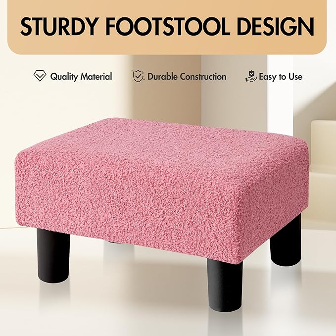 BRIAN & DANY Small Foot Stool Ottoman, Footstool with Legs, Teddy Velvet Foot Rest for Living Room, Bedroom and Office, Hot Pink