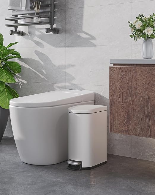Garvee 13 gal (50 L) and 2.6 gal (10 L) Metal Trash Can Combo Set, Rustproof Garbage Can with Lid, Step-on Trash Bin with Inner Bucket, Rear Handle, White