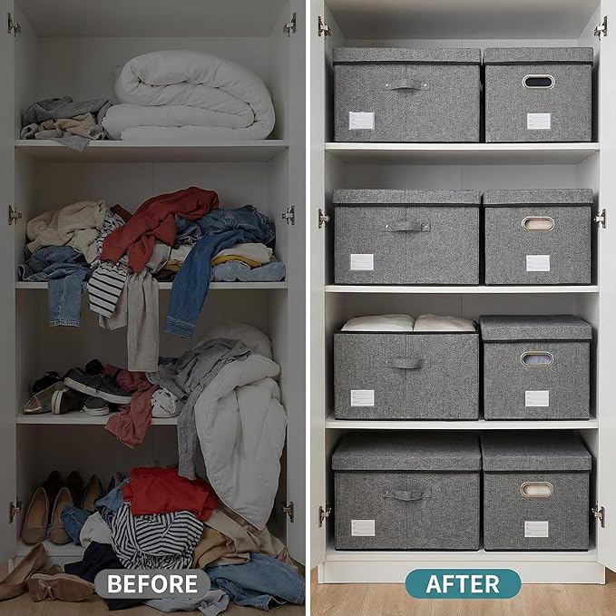 PRANDOM Storage Bins with Lids [3-Pack] Linen Fabric Foldable Storage Boxes Organizer Containers Baskets Cube with Cover for Bedroom Closet Office Grey(23.4X15.9X11.4)