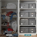 PRANDOM Storage Bins with Lids [3-Pack] Linen Fabric Foldable Storage Boxes Organizer Containers Baskets Cube with Cover for Bedroom Closet Office Grey(23.4X15.9X11.4)