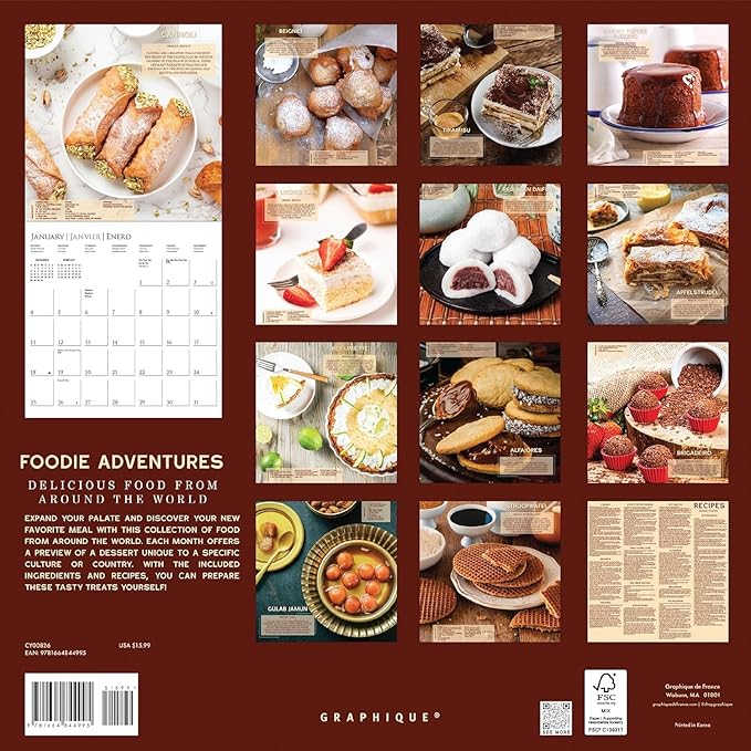 Graphique 2026 Foodie Adventures Wall Calendar | 12” x 12” | Thick Paper | Home & Office Organizer | Large Monthly Grid | 3 Languages & Marked Holidays | 4 Month Preview Page for 2027