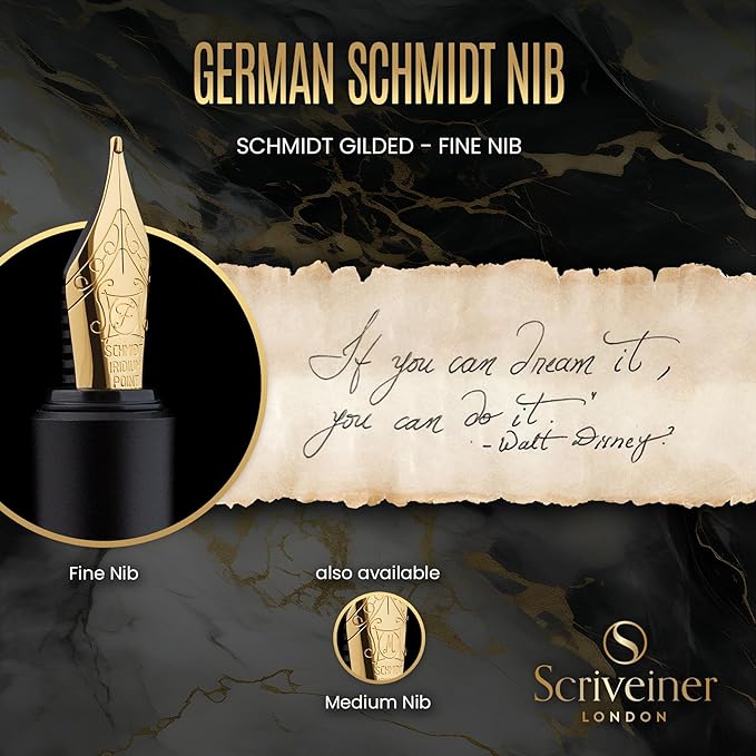 Scriveiner Luxury EDC Fountain Pen (Fine), Stunning Black Pocket Pen with Real Gold Finish, Schmidt Gilded Nib, Ink Converter, Best Writing Gift Set for Men & Women, Nice Fancy Office Designer Gift