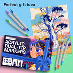 ARTISTRO 120 Acrylic Paint Markers - Paint Pens Dual Tip Brush + Fine Ideal for Calligraphy - Perfect for Fabric, Rock, Glass, Wood, DIY - Art Supplies, Stocking Stuffers, Christmas Gift Idea