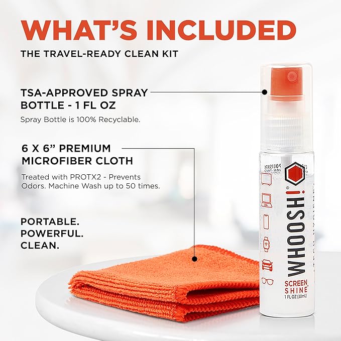 WHOOSH! Screen Shine Go - 1 fl oz Refillable Screen Cleaner Kit with Microfiber Cloth for MacBook, Phone, iPad & Eyeglasses - Powerful Streak-Free Cleaning - Pocket-Sized, TSA-Approved for Travel