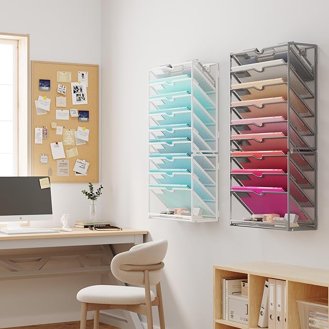 Lavatino 10-Tier Hanging Wall File Folders Organizer - White Metal Mesh Paper Magazine Document Mail Holder File Organizer for Office School Home Wall Mount or Desk Supplies Organization