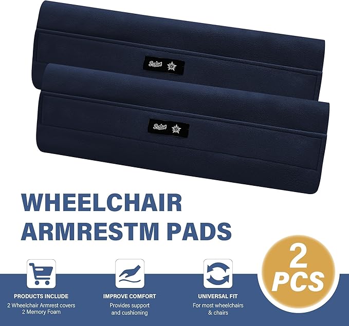 SPRING SEAON Wheelchair Armrest Covers (Pair) - Suede Velvet Memory Foam Accessories Pads for Wheelchair Arm Rest, Office Transport Chairs, Soft Support Cushion for Mobility Aids(Navy Blue)