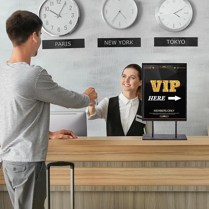 Zhengmy 2 Pcs Tabletop Sign Holder with Flat Base 11" x 8.5" Double Sided Countertop Sign Holder Vertical Desktop Display Stand Metal Poster Display Stand for Office Store Restaurant Hotels, Black