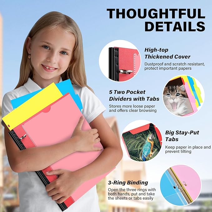 WOT I Telescoping Project Organizer, Refillable Binder with Dividers and Pockets, 13 Pocket Folders, 1 Inch 3 Ring Binder, Red