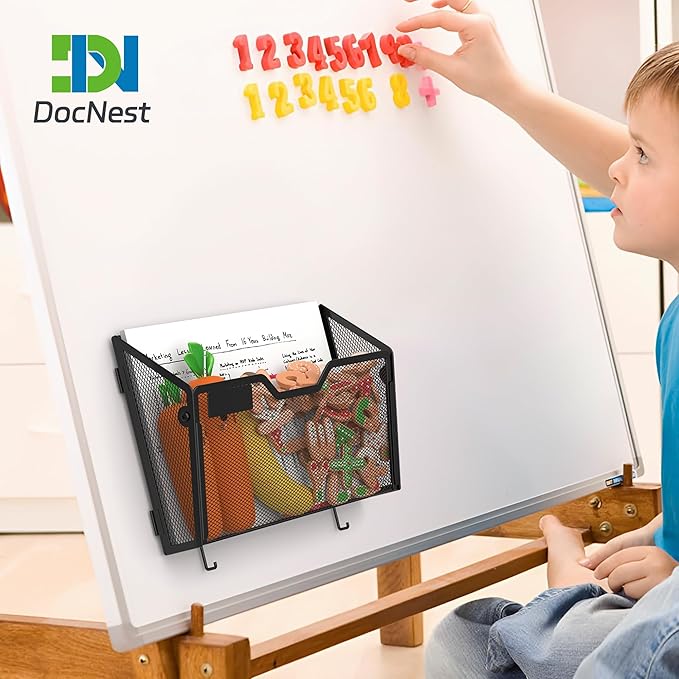 Docnest 3 Pack Magnetic Wall Mounted File Holders,Mesh Letter Organizer with Hooks, Magnetic Hanging Mail Paper Document Organizer for Office, Home, School, Black