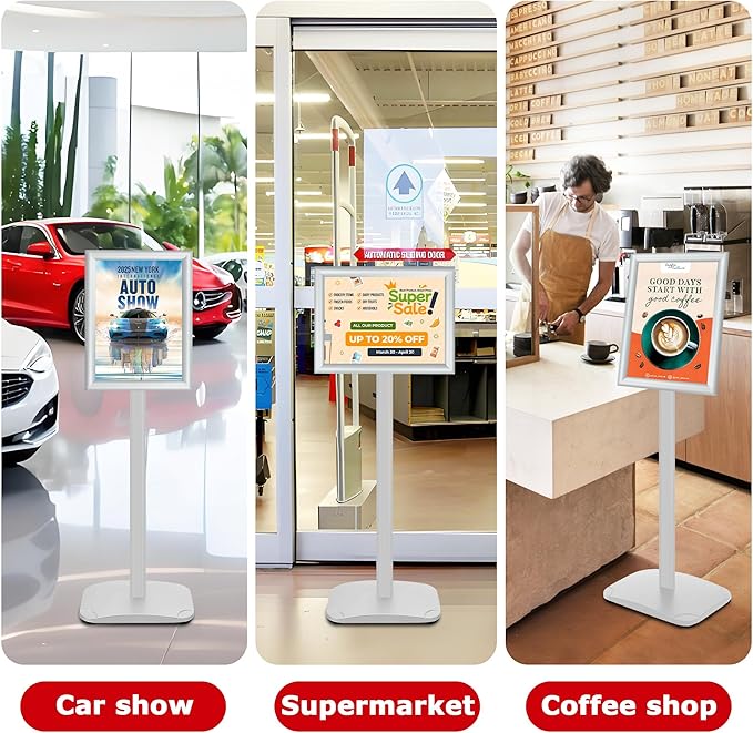 VAIIGO 3 Pack Heavy Duty Standing Sign Holder 8.5x11 Inch - Pedestal Floor Sign Stand with Weighted Base - Vertical & Horizontal Poster/Menu Display Stands for Indoor/Outdoor Advertising, Silver
