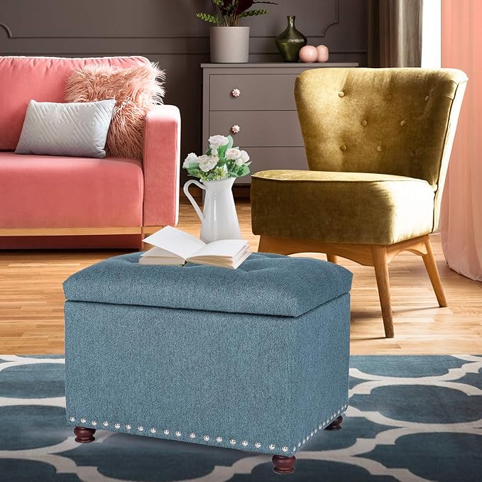 Decent Home 24’’ Rectangular Upholstered Storage Ottoman for Living Room- Fabric Foot Stool with Nail-Head Trim- Chests and Organizers, Load Up to 350 lb, Lake Blue