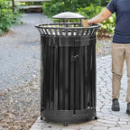Zedfire 45 Gallon Black Waste Bin with Lid and Door, Outdoor Heavy-Duty Commercial Trash Can Steel Slatted, Round Recycle Container, Durable Garbage Can for Parks, Municipalities, Parking, Schools