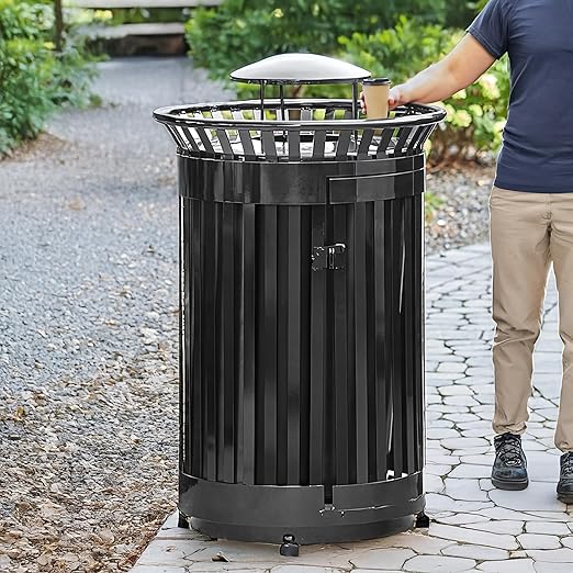 Zedfire 45 Gallon Black Waste Bin with Lid and Door, Outdoor Heavy-Duty Commercial Trash Can Steel Slatted, Round Recycle Container, Durable Garbage Can for Parks, Municipalities, Parking, Schools
