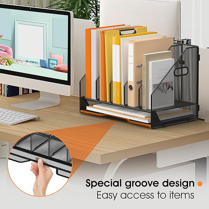 OrgMate Desk File Folder Holder Organizer-5 Vertical Compartments Racks and Paper Letter Tray,Mesh Magazine File Holder Sorter,Desktop Accessories & Workspace Organizers for Home,Office,School-Black