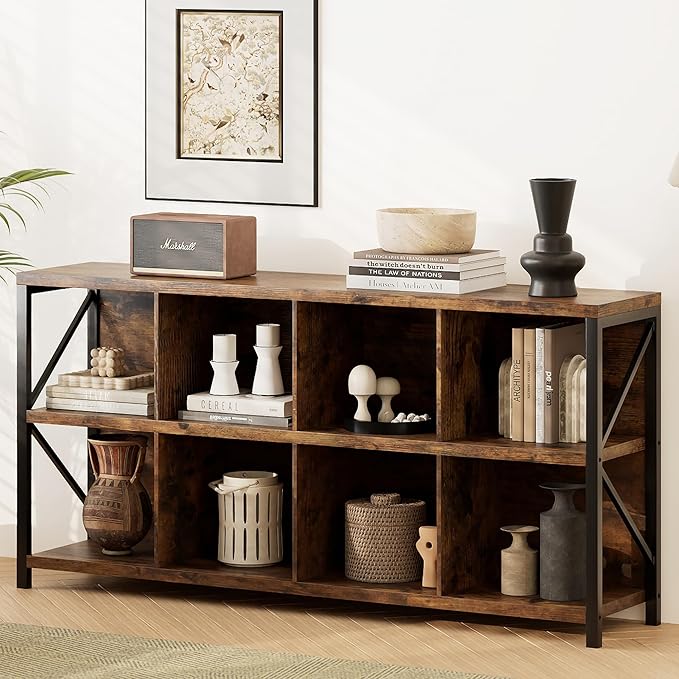 VAKATRELL 8 Cube Storage Organizer Bookshelf, Industrial Horizontal Bookcase, Accent Cubby Shelf, Media Console Table for Living Room, Home Office, 13.6" D x 63" W x 30.9" H, Rustic Brown