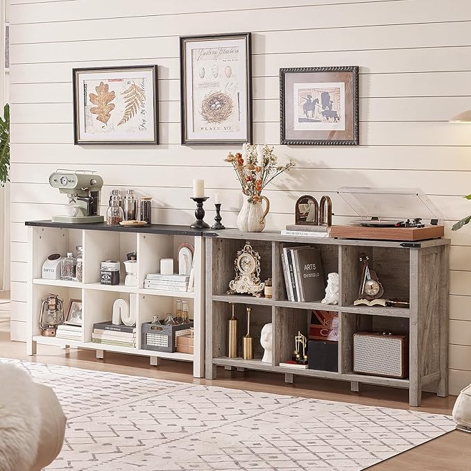 Joaxswe Farmhouse 6 Cube Bookshelf, Antique White & Black Wooden Storage Organizer Book Shelf, 47" Cubby Hallway Bookcase, Kids Toy Storage Cabinet, Modern Open Book Case for Living Room, Playroom