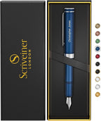 Scriveiner Personalized Luxury EDC Fountain Pen (Medium), Stunning Matt Blue Pocket Pen, Chrome Finish, Schmidt German Nib, Best Engraved Fountain Pen Gift Set for Men & Women, Name Engraving