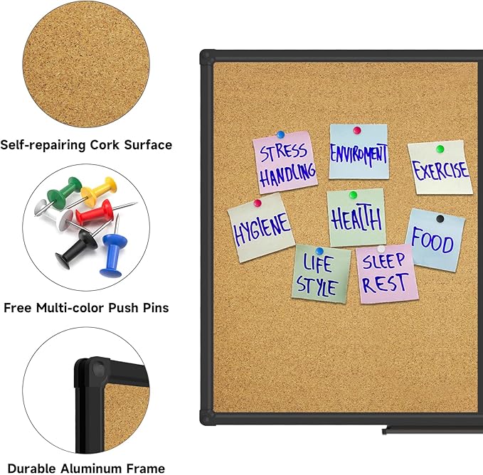 XBoard Magnetic whiteboard 48x 36 - Combo Whiteboard Dry Erase Board/Cork Board, Magnetic White Board + Corkboard with Black Aluminum Frame, 10 Colorful Push Pins & Marker Tray Included