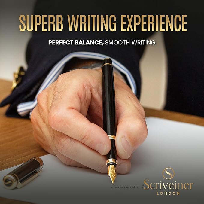 Scriveiner Luxury Fountain Pen - Stunning Black Lacquer Pen, Real Gold Finish, Schmidt Gilded Nib (Broad), Converter, Best Pen Gift Set for Men & Women, Professional, Executive, Office, Nice Pens